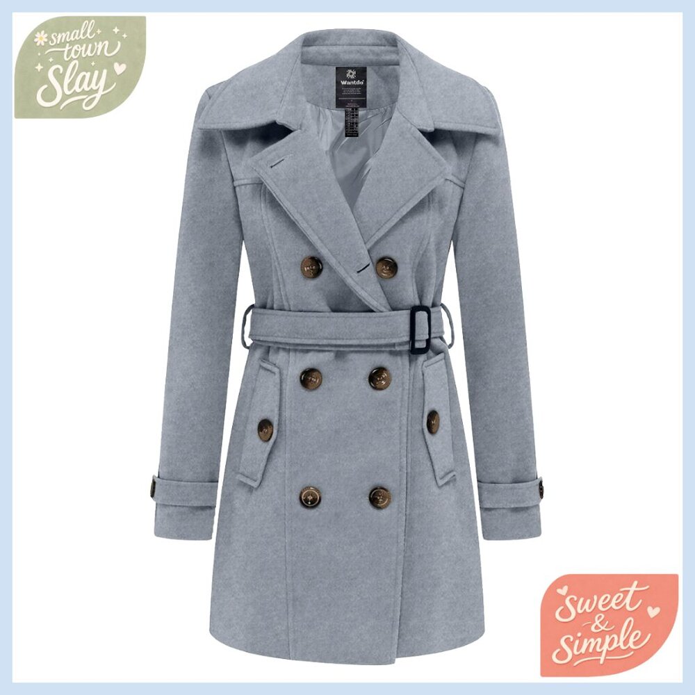 Double Breasted Pea Coat with Belt, Wool Blend, Fitted Winter Trench